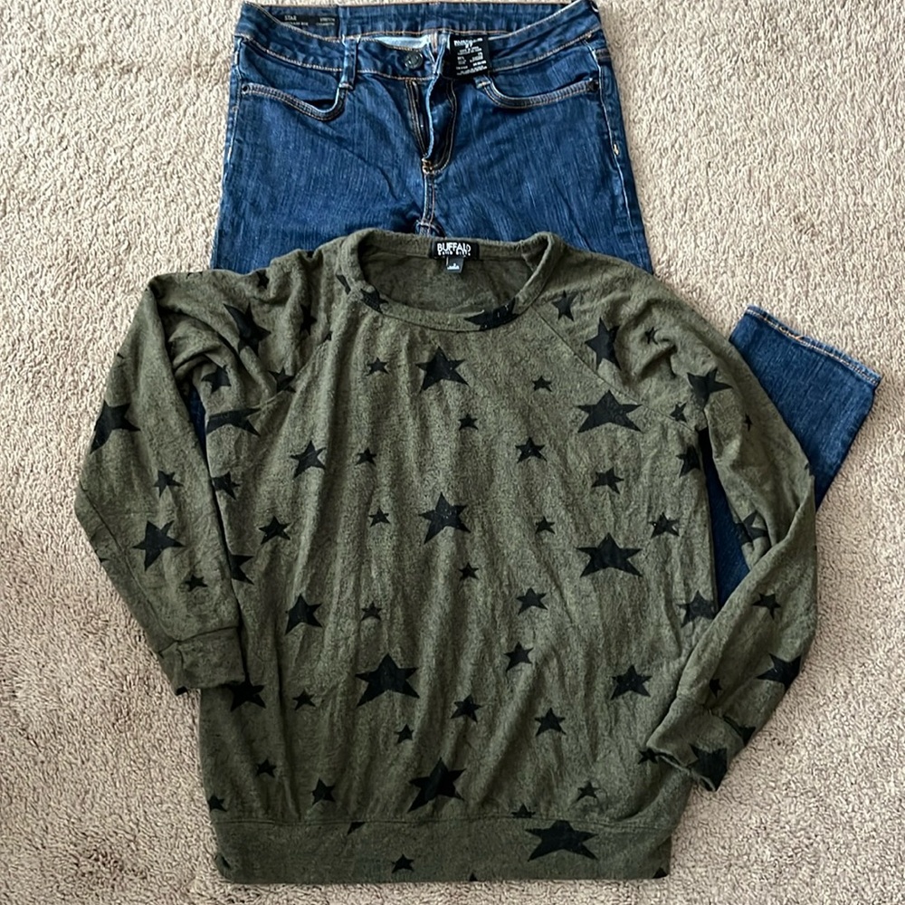 Buffalo David Bitton, jeans 27 and small star black green sweatshirt- good cond